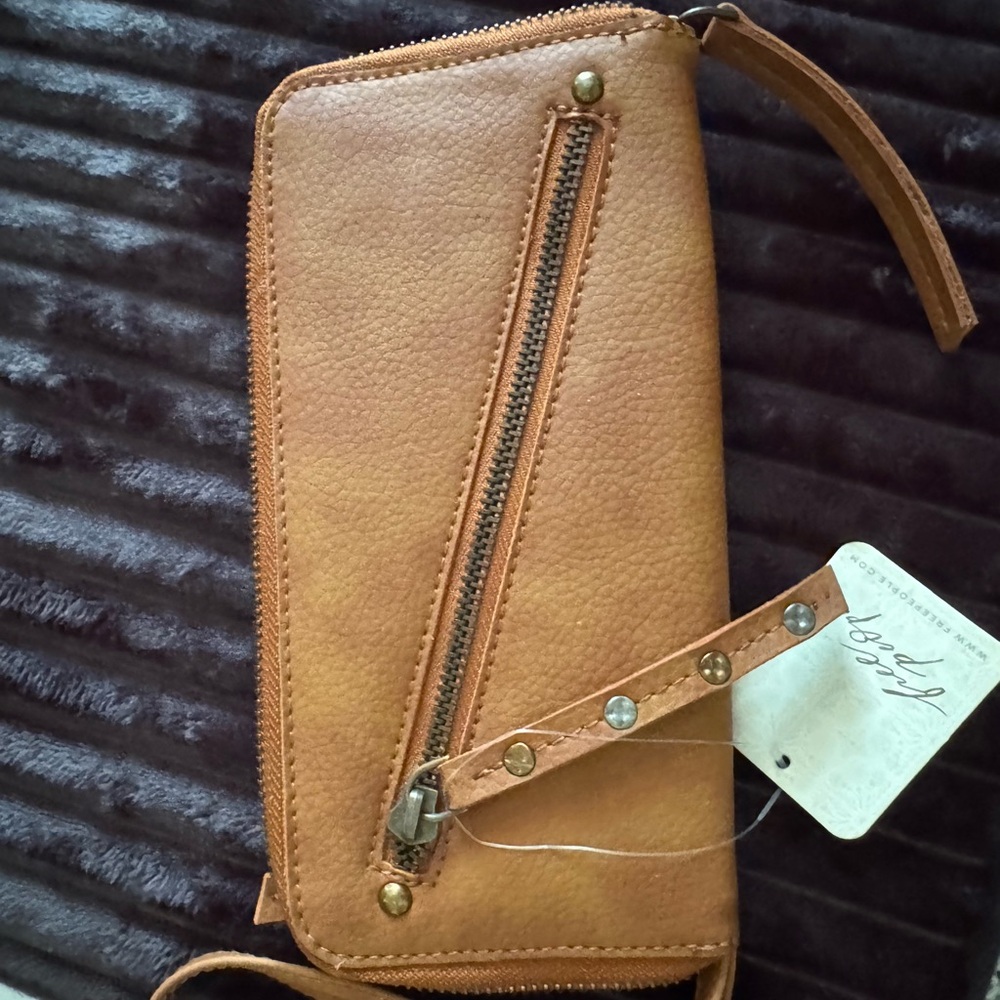 Free People Tan Leather Wallet with Zipper Detail